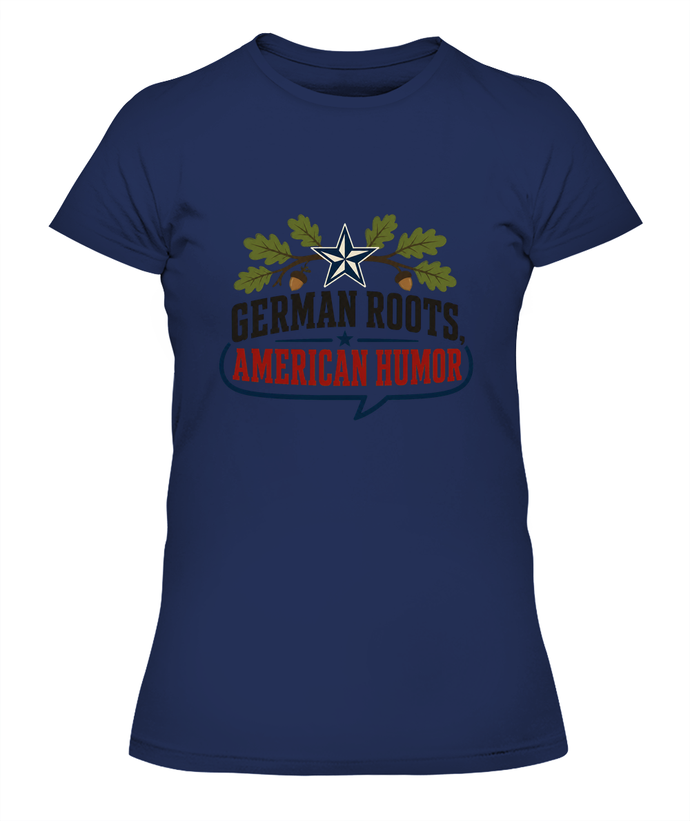 German Roots, American Humor — Lady's T-Shirt in Midnight Navy