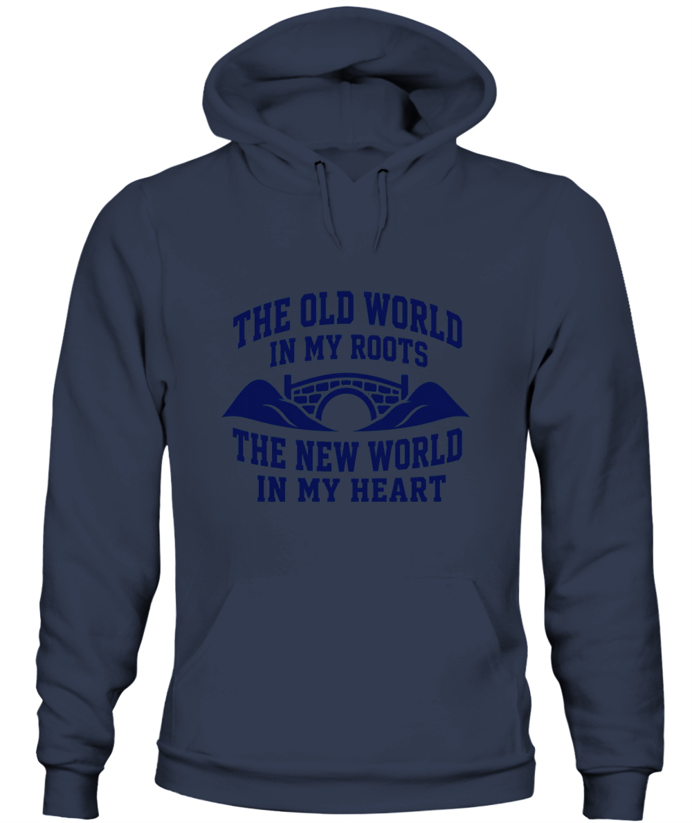 The Old World In My Roots, The New World In My Heart — Hoodie in Navy