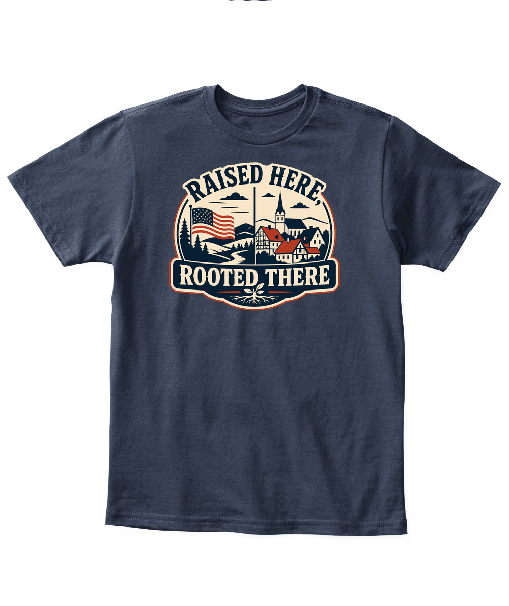 Raised Here, Rooted There — Kid's T Shirt in Navy