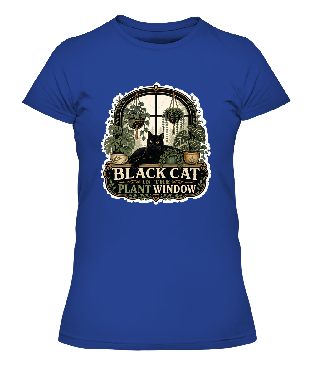 Black Cat in the Plant Window Ladies T-Shirt | Black Cat Lover Gift
