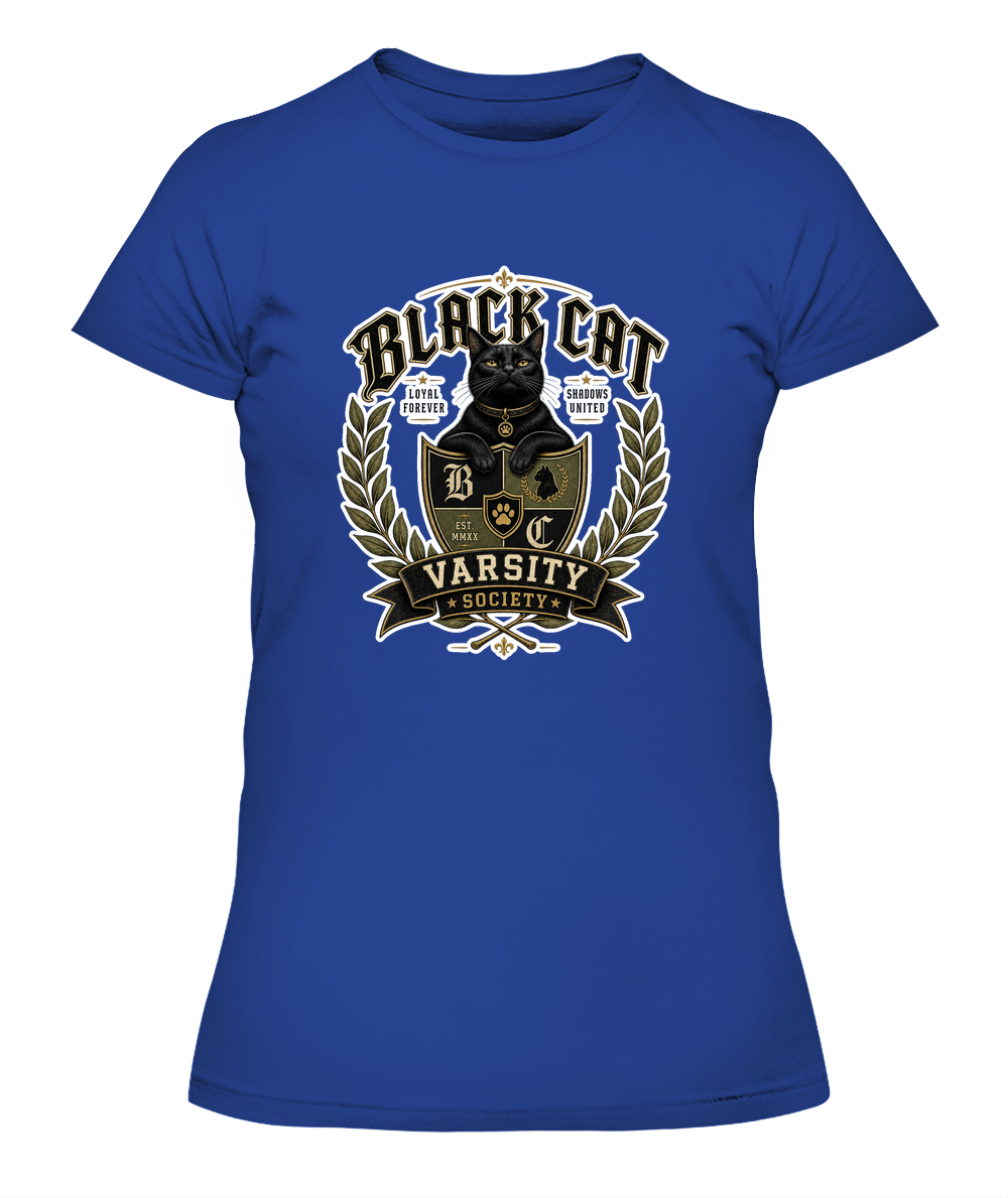 Black Cat Varsity Society Ladies T-Shirt | Black Cat Lover Gift