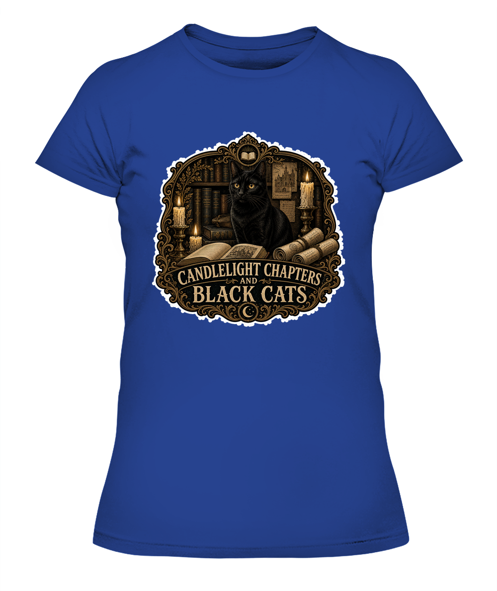 Candlelight Chapters and Black Cats Ladies T-Shirt | Black Cat Lover Gift