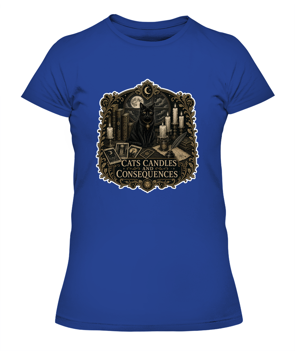 Cats Candles and Consequences Ladies T-Shirt | Black Cat Lover Gift