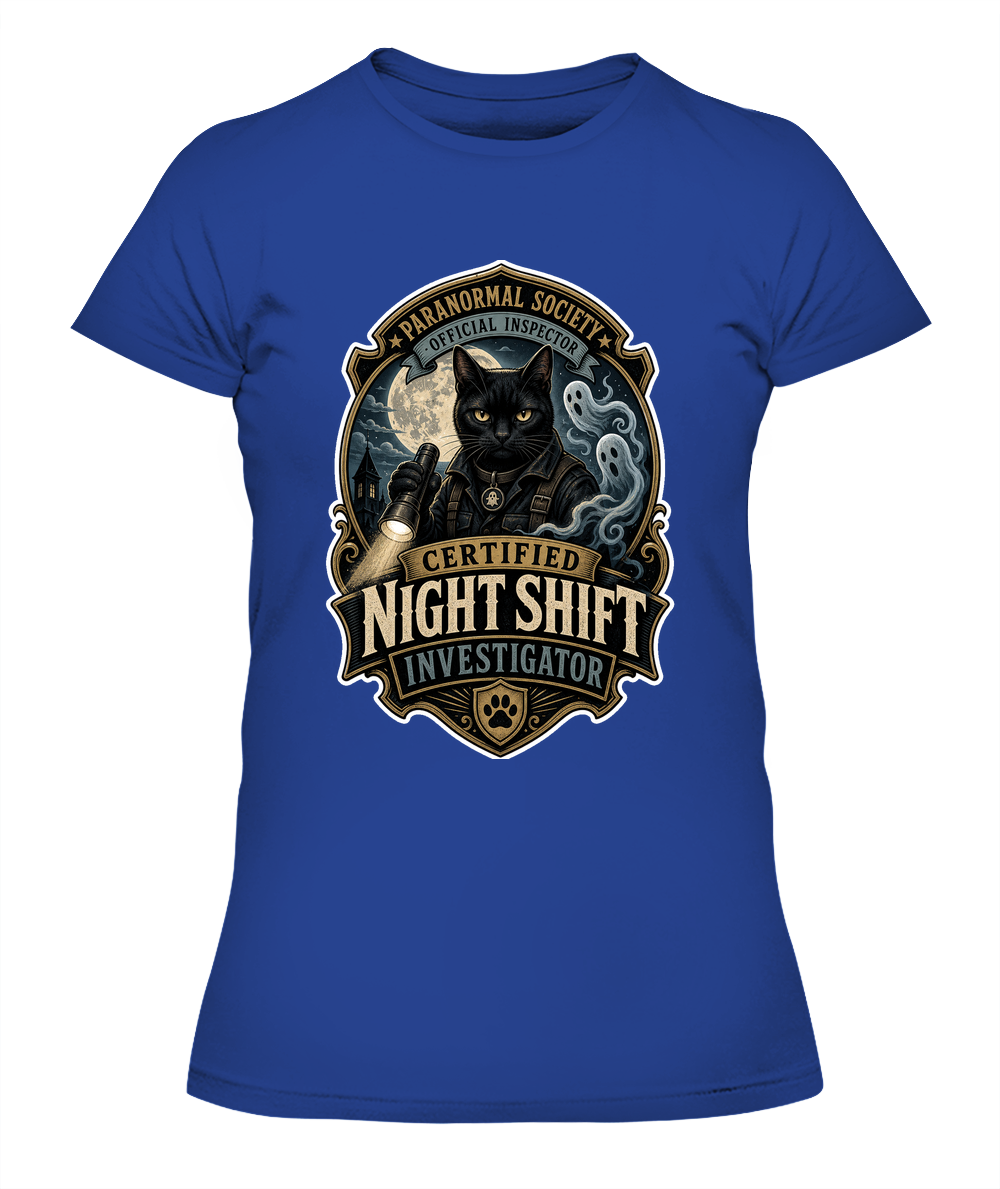 Certified Night Shift Investigator Ladies T-Shirt | Black Cat Lover Gift