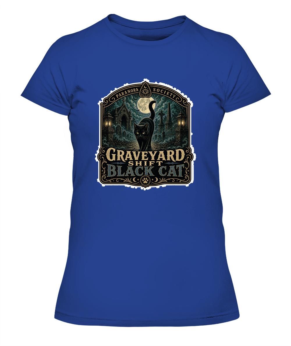 Graveyard Shift Black Cat Ladies T-Shirt | Black Cat Lover Gift