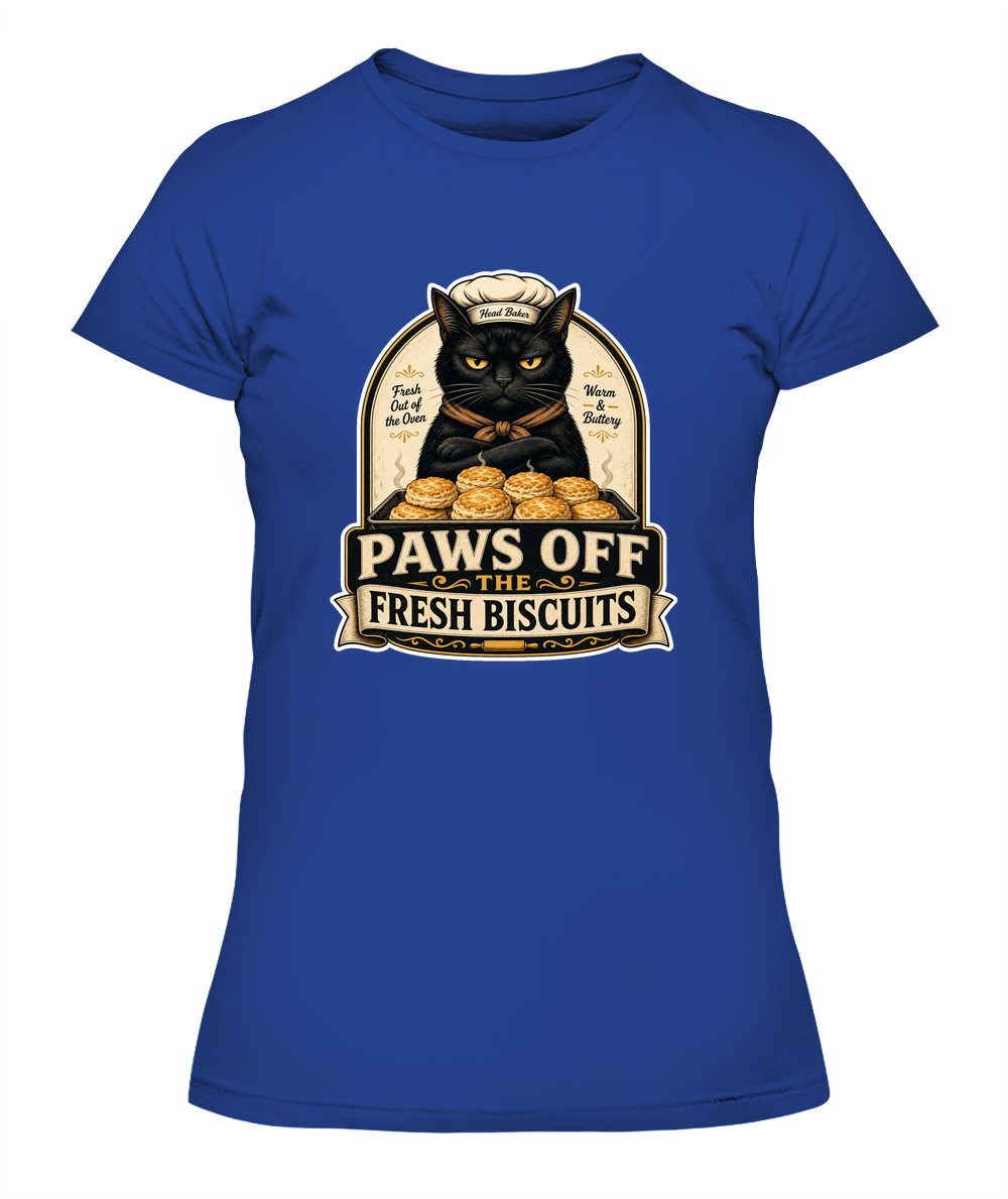 Paws Off the Fresh Biscuits Ladies T-Shirt | Black Cat Lover Gift