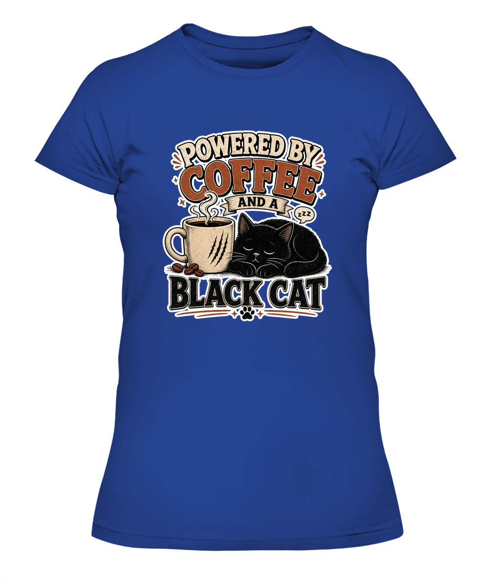 Powered by Coffee and a Black Cat Ladies T-Shirt | Black Cat Lover Gift