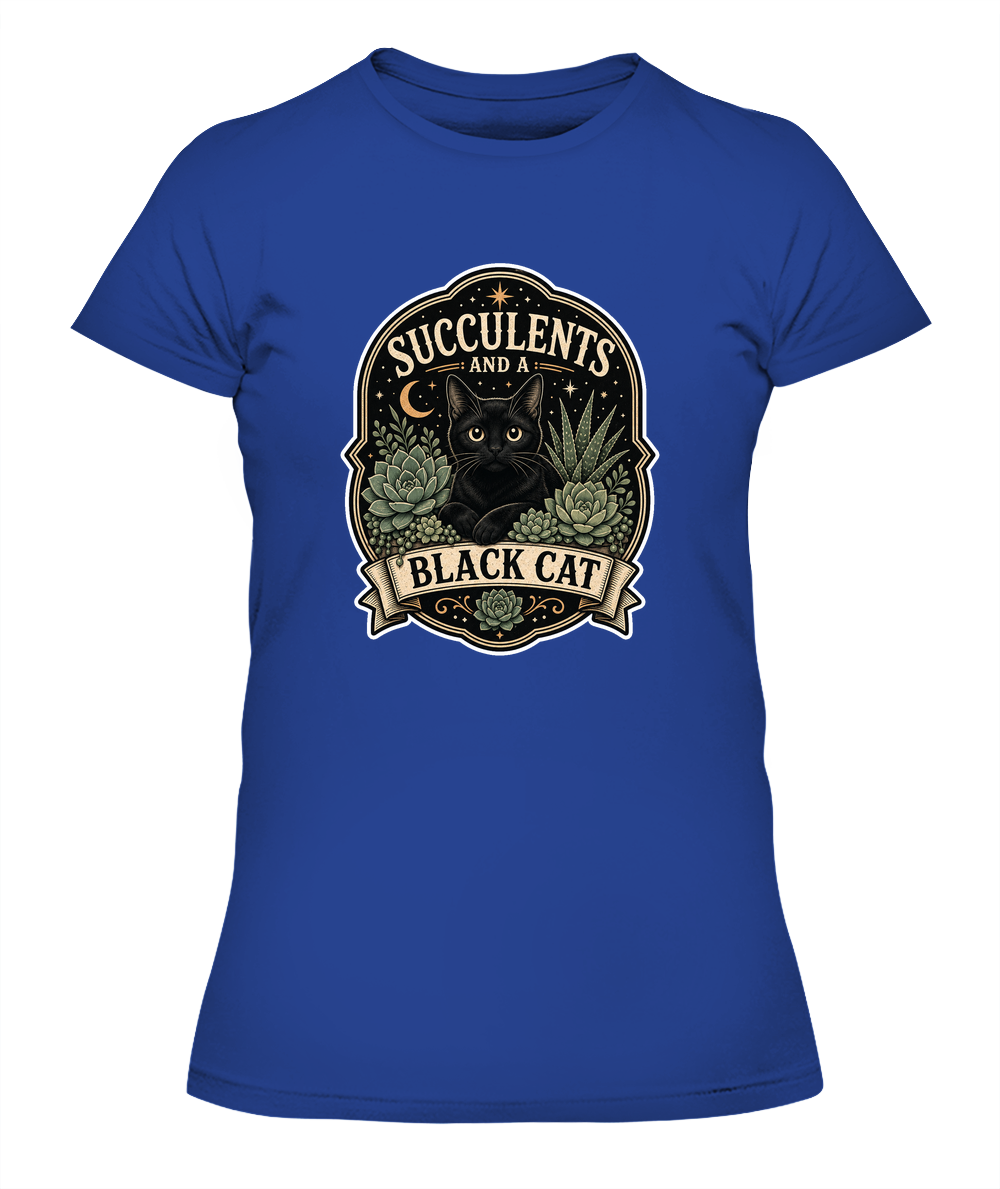 Succulents and a Black Cat Ladies T-Shirt | Black Cat Lover Gift