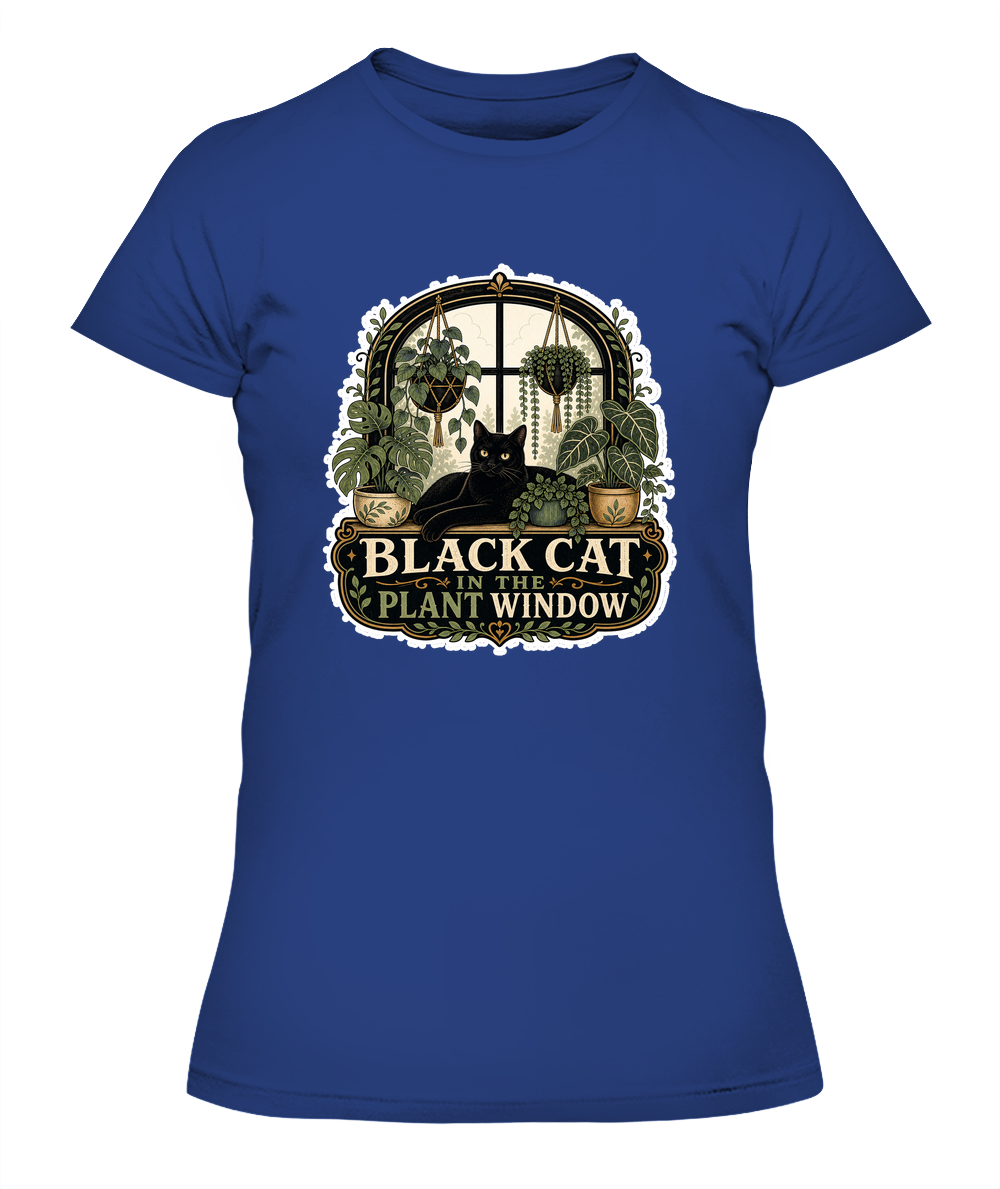 Black Cat in the Plant Window Ladies T-Shirt | Black Cat Lover Gift