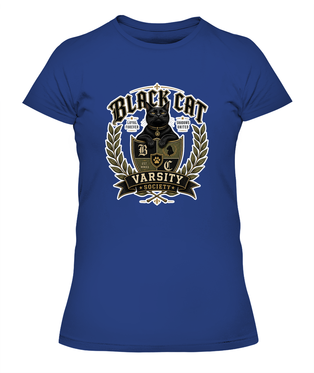 Black Cat Varsity Society Ladies T-Shirt | Black Cat Lover Gift