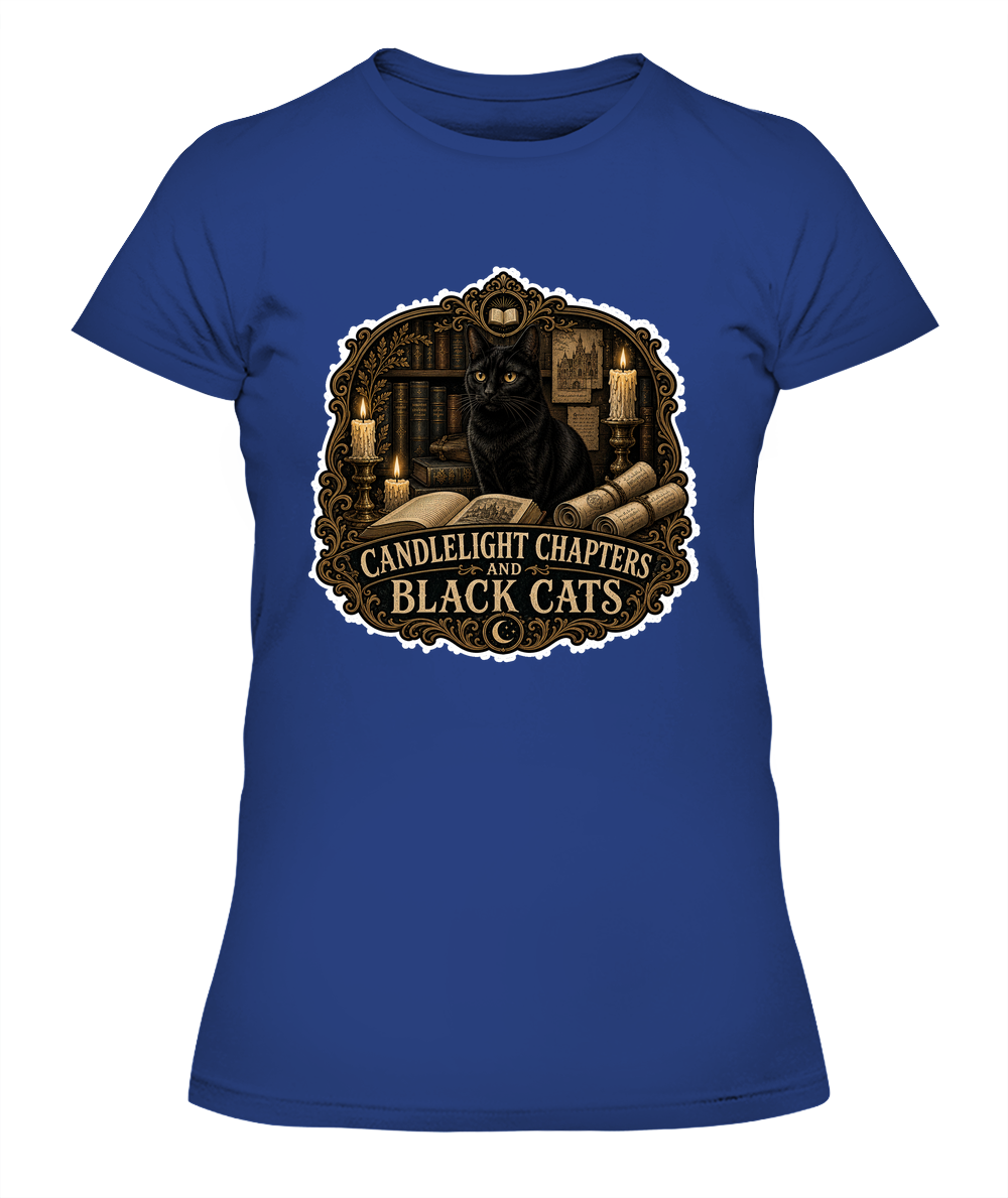 Candlelight Chapters and Black Cats Ladies T-Shirt | Black Cat Lover Gift