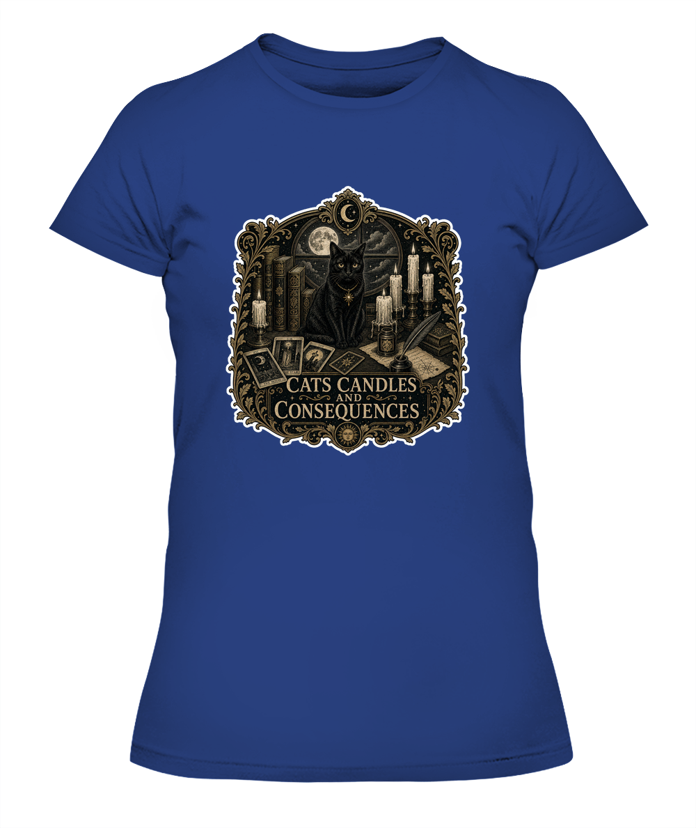 Cats Candles and Consequences Ladies T-Shirt | Black Cat Lover Gift