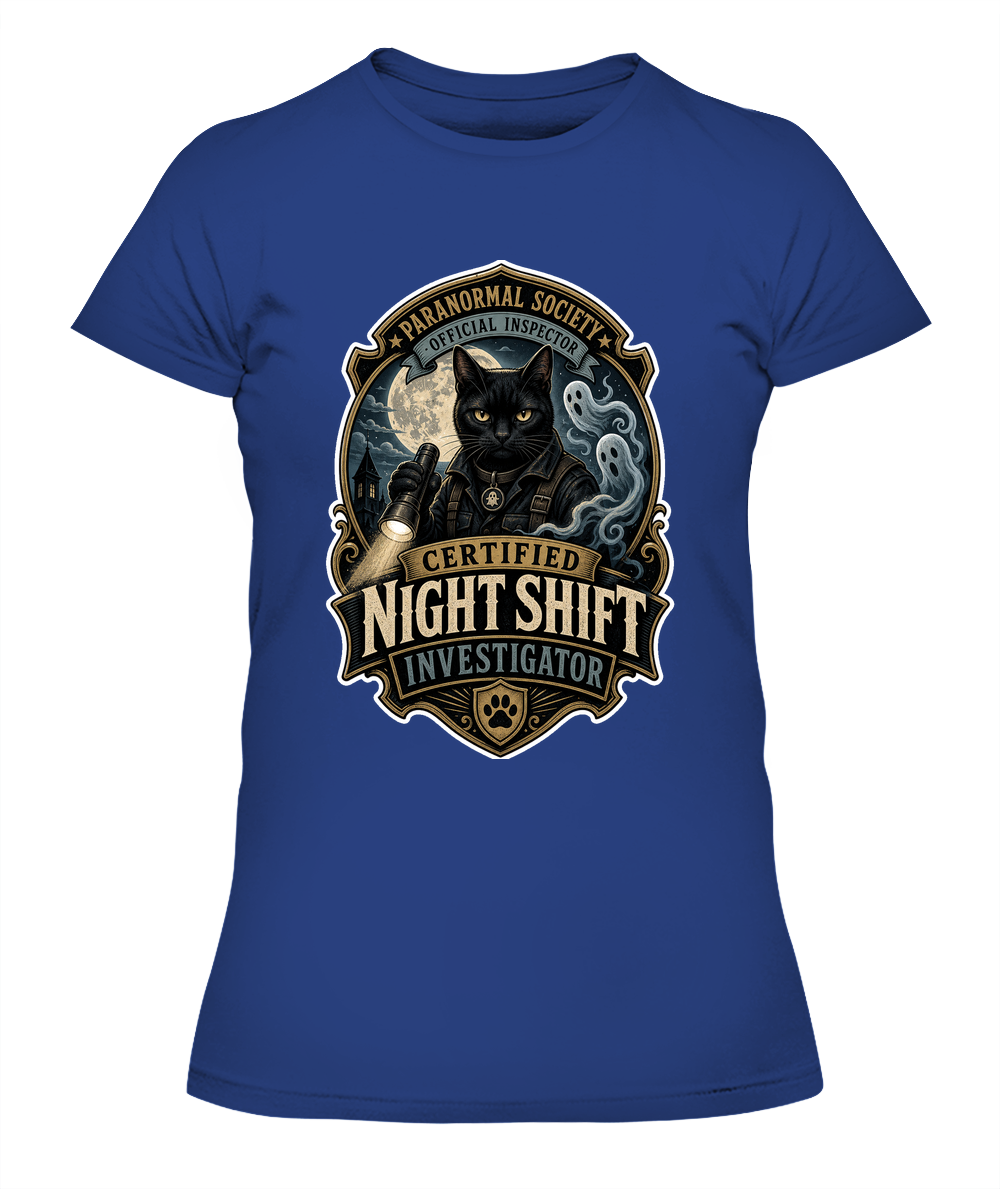 Certified Night Shift Investigator Ladies T-Shirt | Black Cat Lover Gift