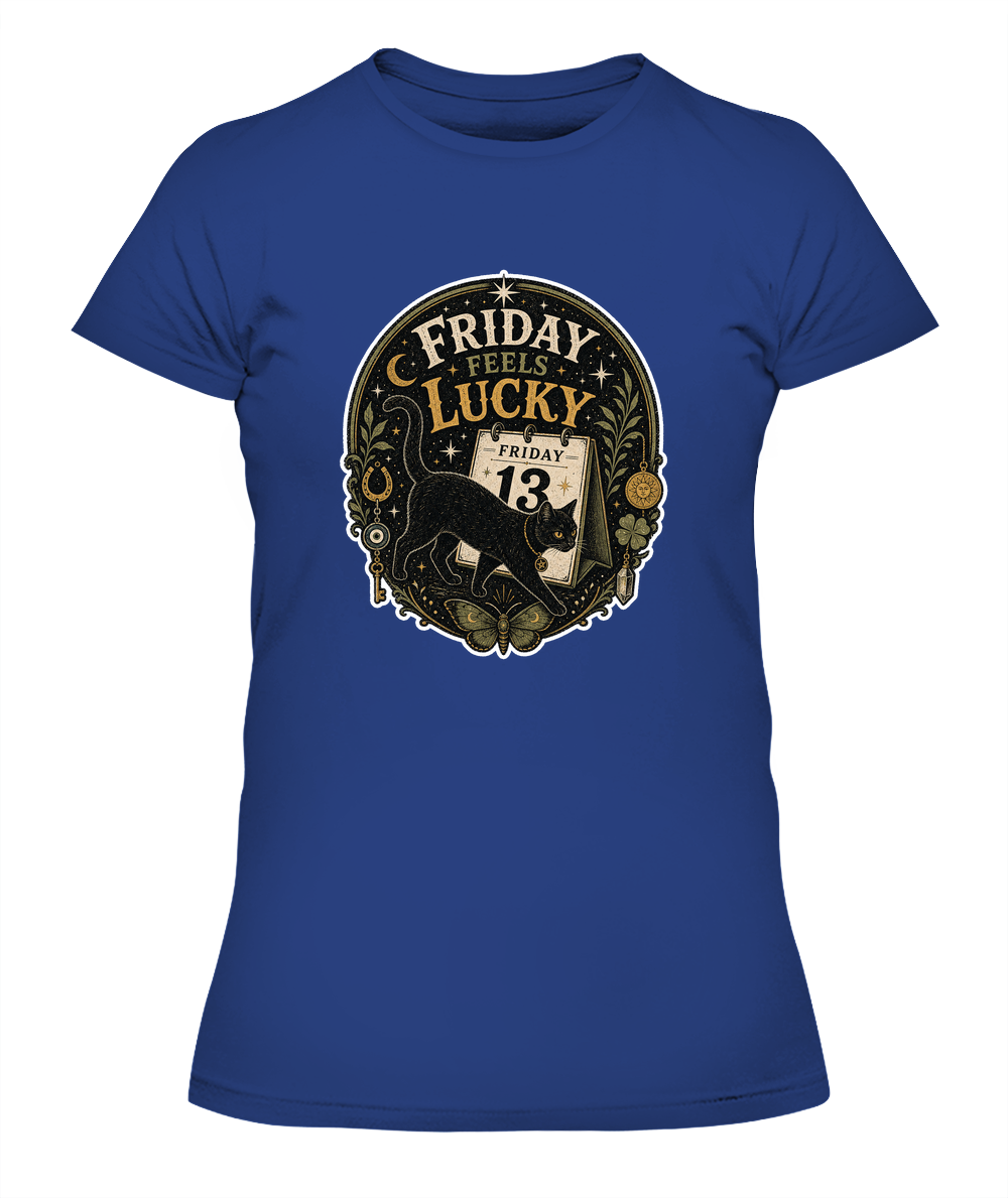 Friday Feels Lucky Ladies T-Shirt | Black Cat Lover Gift