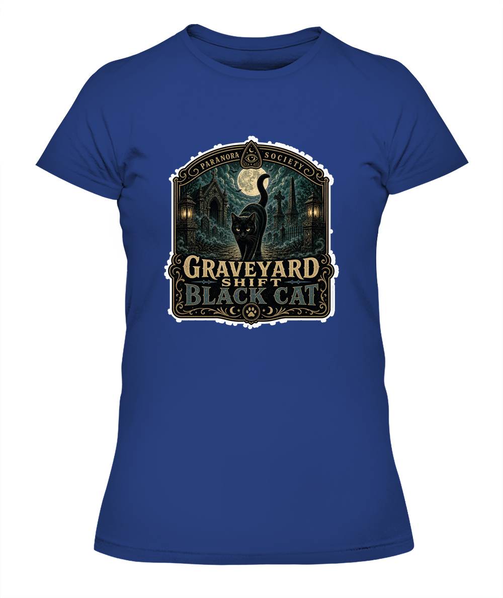 Graveyard Shift Black Cat Ladies T-Shirt | Black Cat Lover Gift