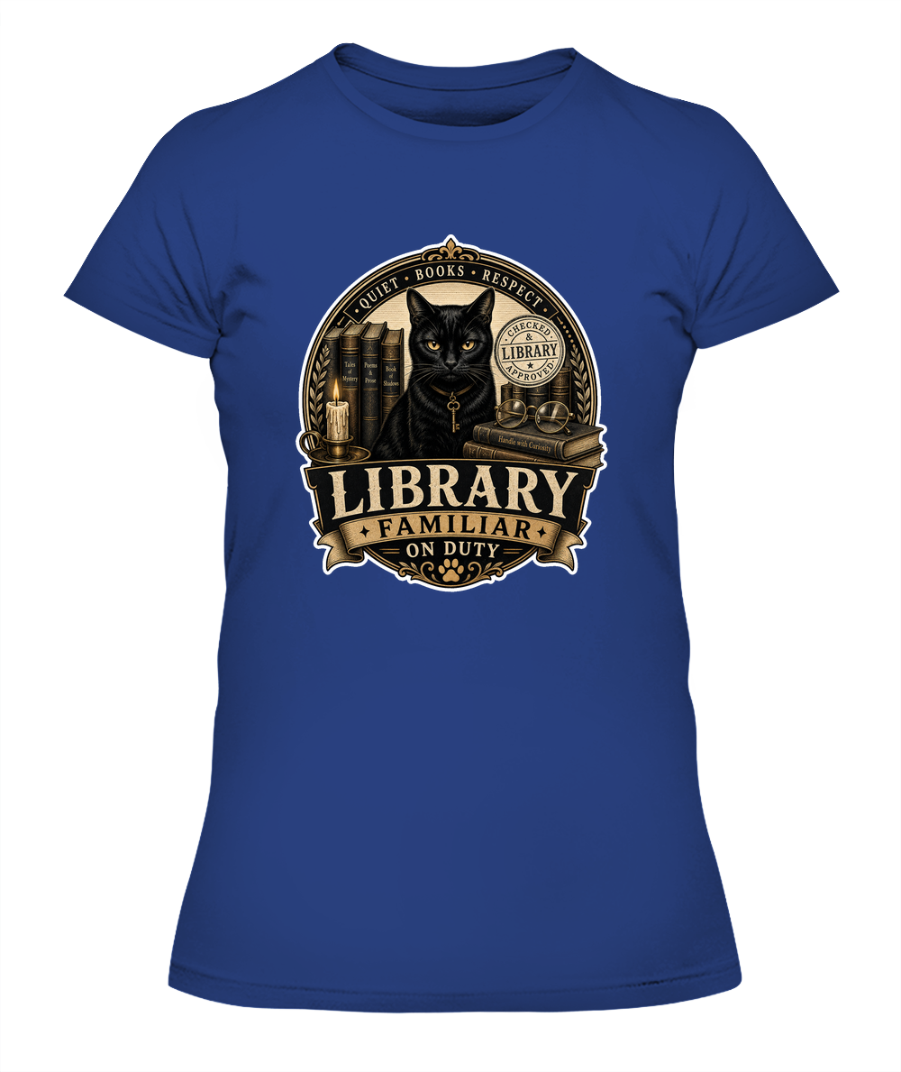 Library Familiar on Duty Ladies T-Shirt | Black Cat Lover Gift