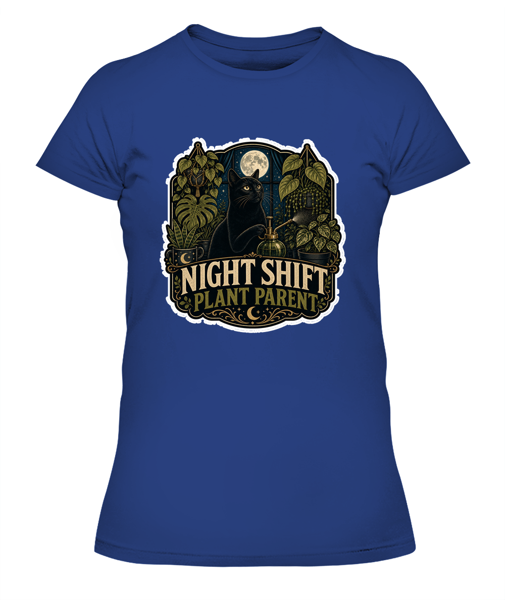 Night Shift Plant Parent Ladies T-Shirt | Black Cat Lover Gift