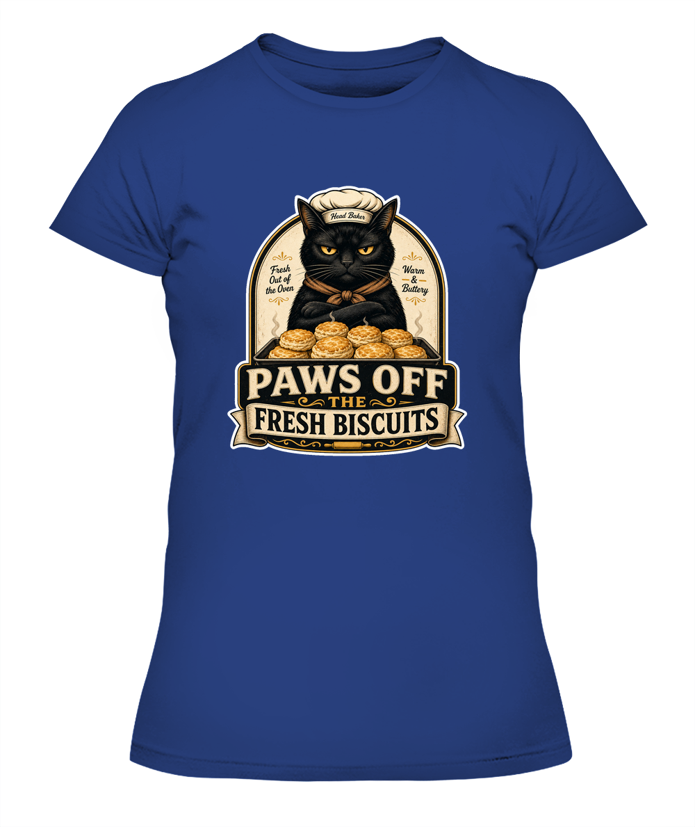 Paws Off the Fresh Biscuits Ladies T-Shirt | Black Cat Lover Gift