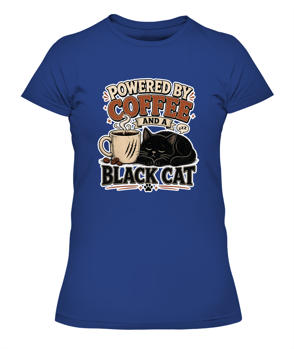 Powered by Coffee and a Black Cat Ladies T-Shirt | Black Cat Lover Gift