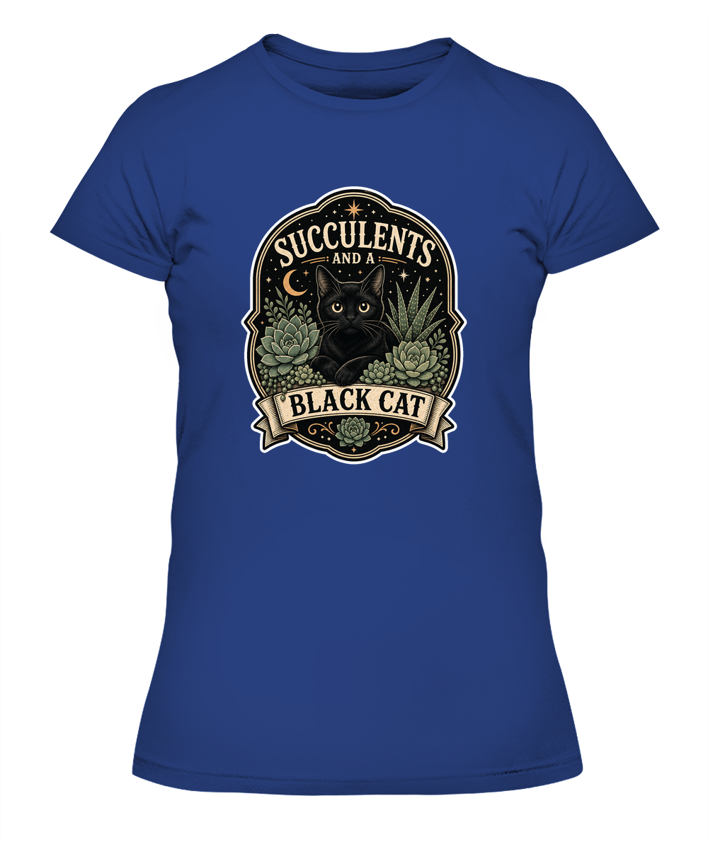 Succulents and a Black Cat Ladies T-Shirt | Black Cat Lover Gift
