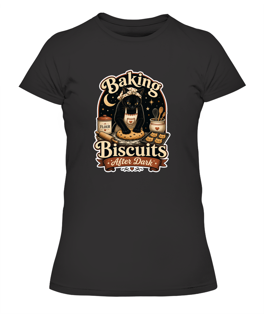 Baking Biscuits After Dark Ladies T-Shirt | Black Cat Lover Gift