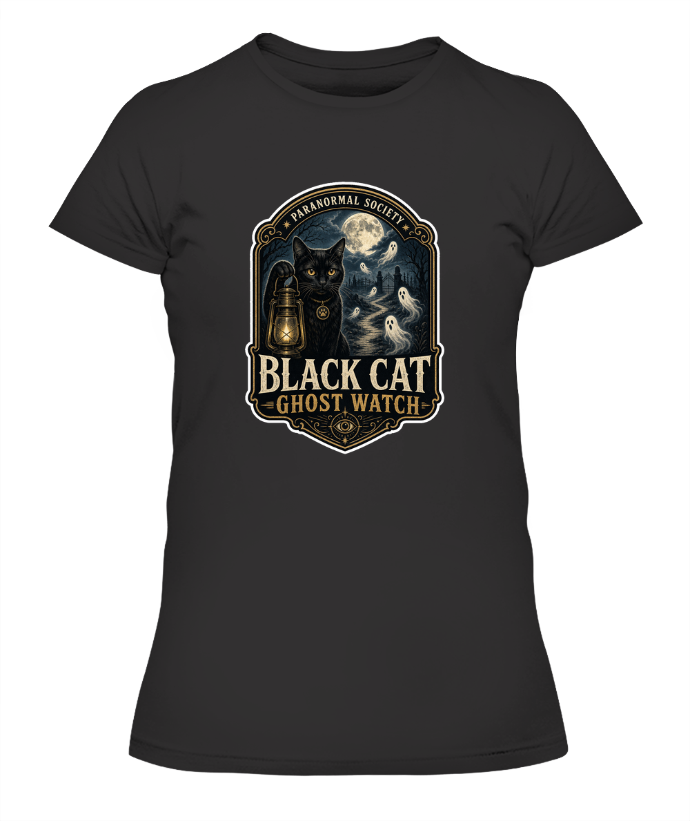 Black Cat Ghost Watch Ladies T-Shirt | Black Cat Lover Gift