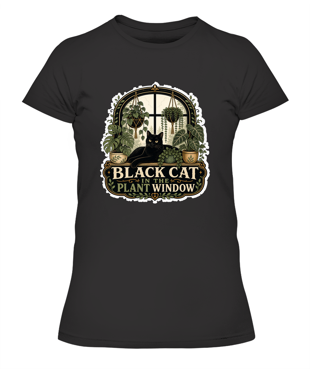 Black Cat in the Plant Window Ladies T-Shirt | Black Cat Lover Gift
