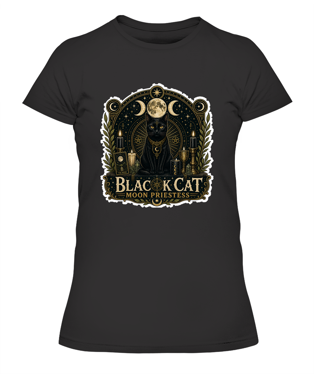 Black Cat Moon Priestess Ladies T-Shirt | Black Cat Lover Gift