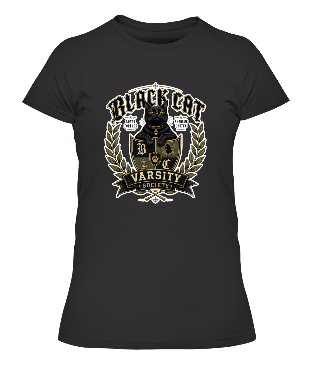 Black Cat Varsity Society Ladies T-Shirt | Black Cat Lover Gift