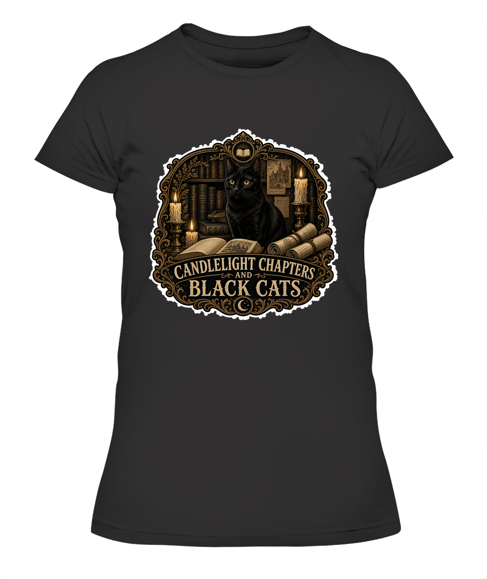 Candlelight Chapters and Black Cats Ladies T-Shirt | Black Cat Lover Gift