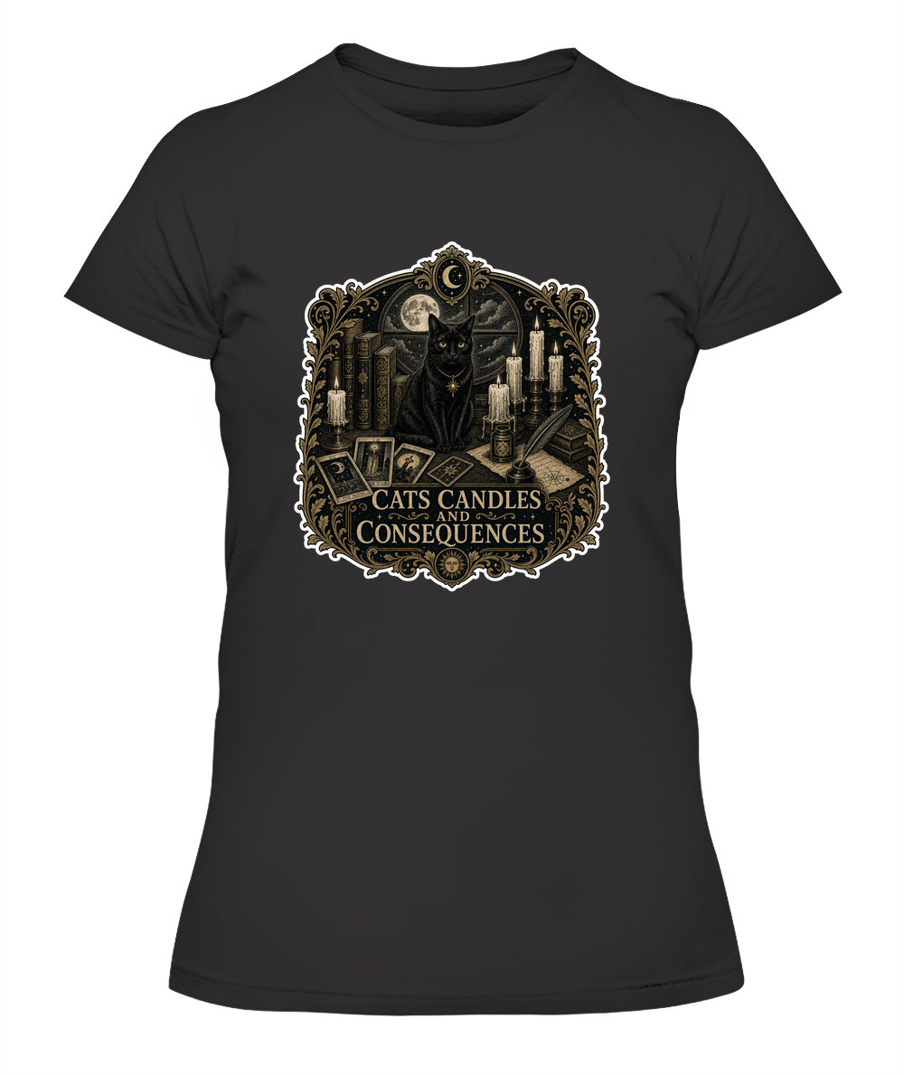 Cats Candles and Consequences Ladies T-Shirt | Black Cat Lover Gift