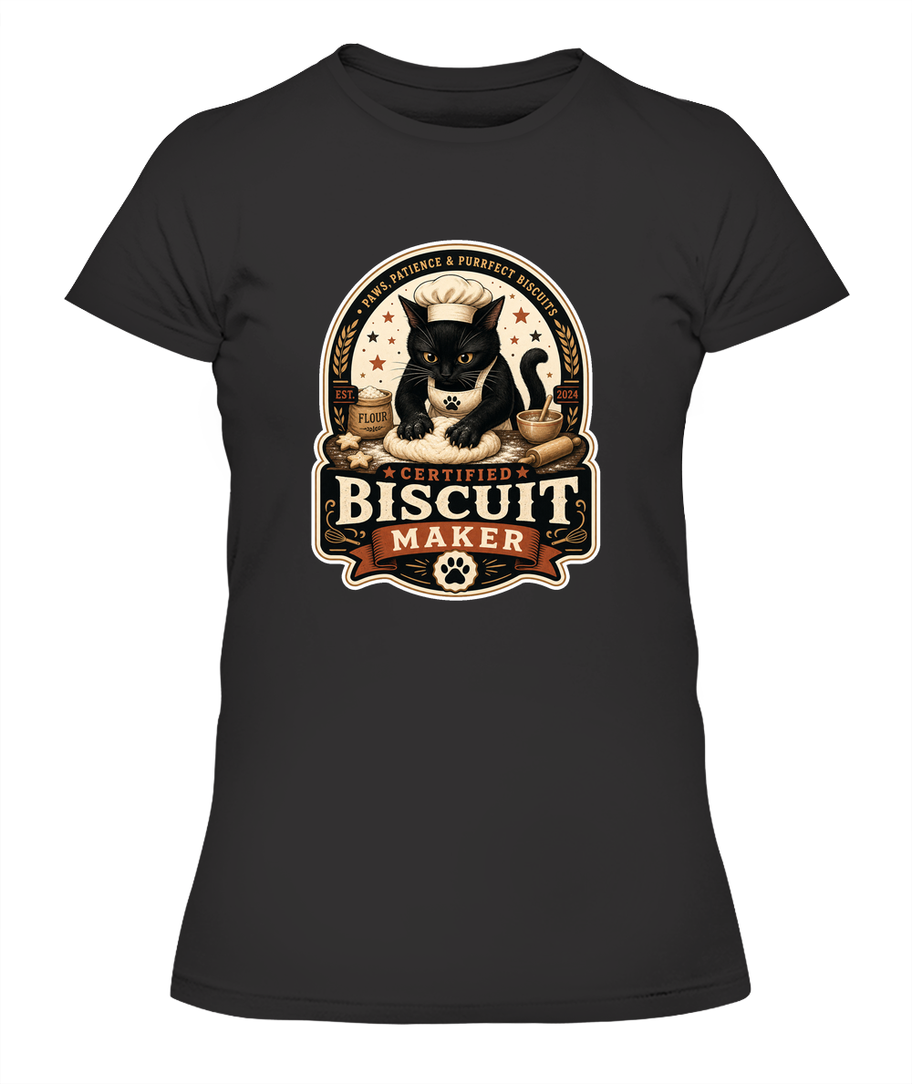 Certified Biscuit Maker Ladies T-Shirt | Black Cat Lover Gift