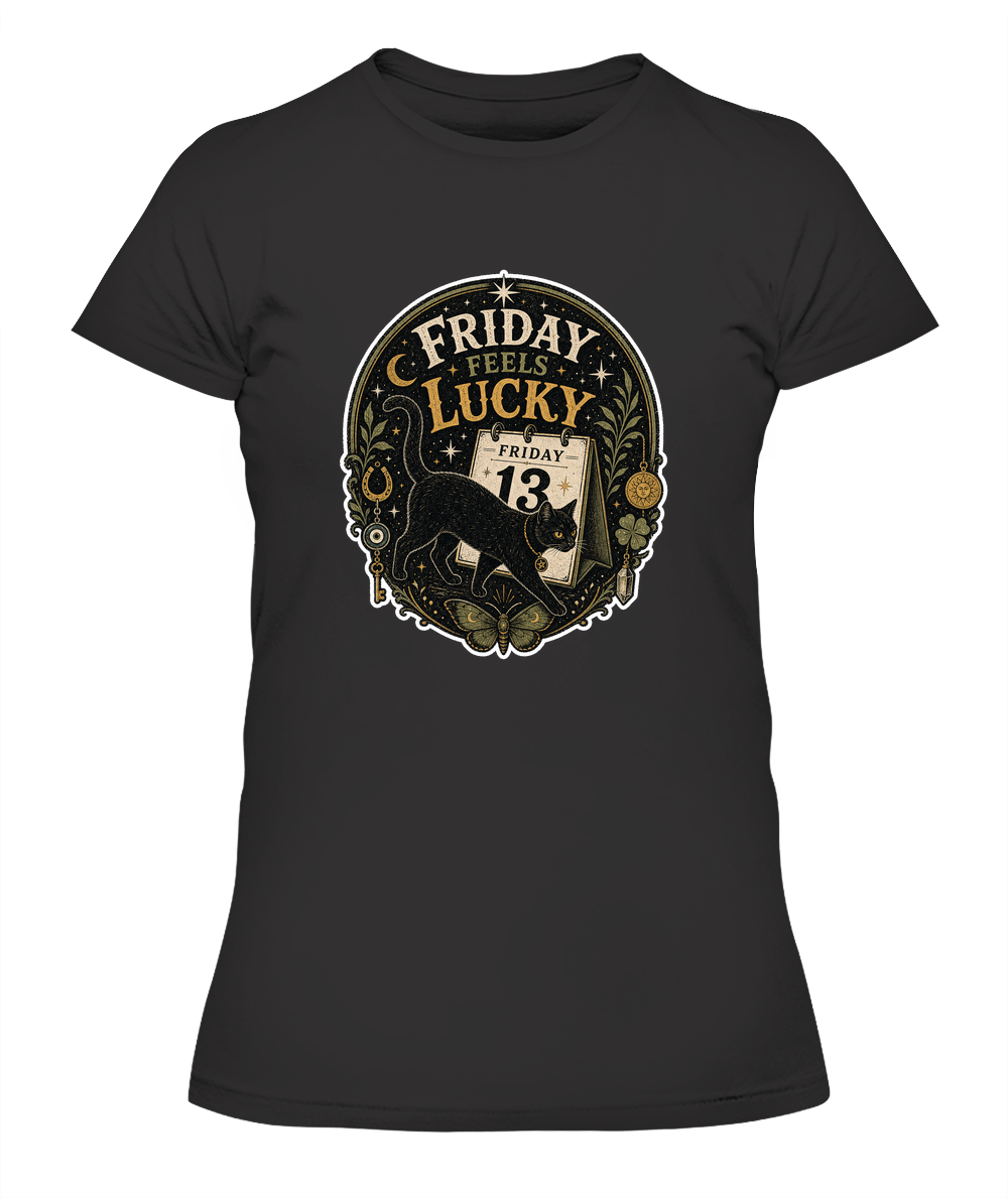 Friday Feels Lucky Ladies T-Shirt | Black Cat Lover Gift