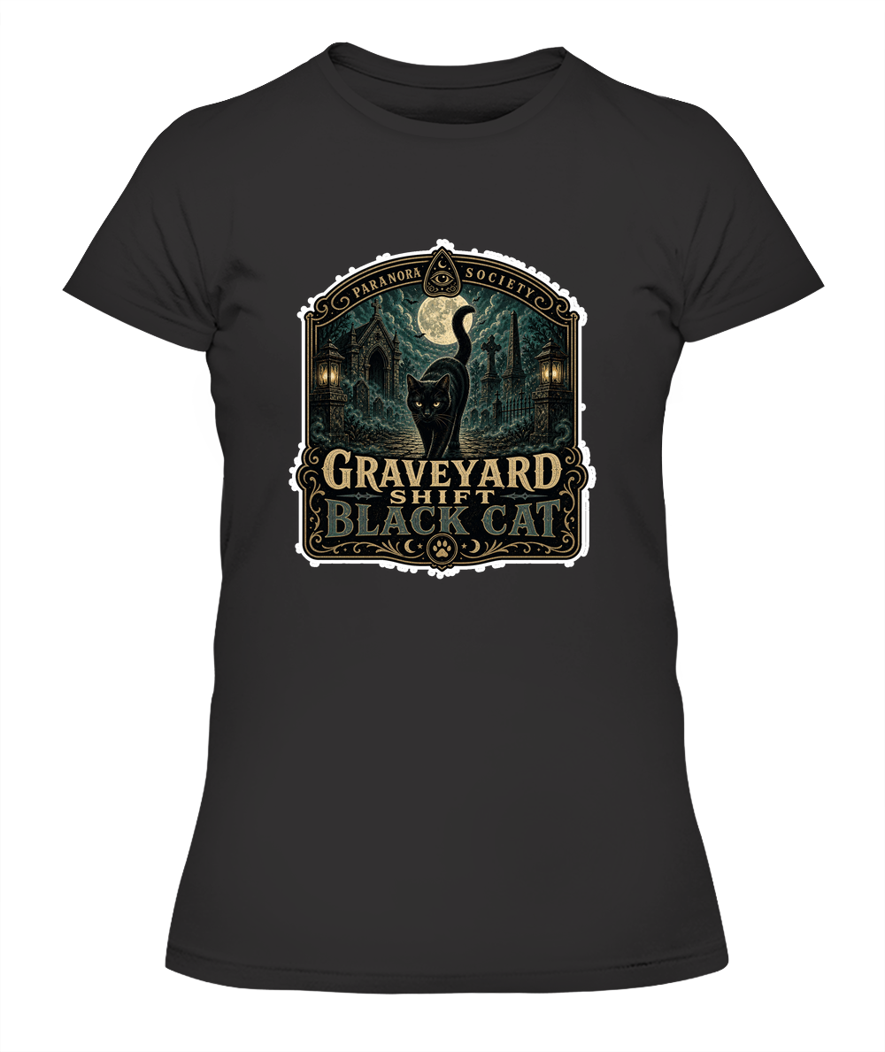 Graveyard Shift Black Cat Ladies T-Shirt | Black Cat Lover Gift
