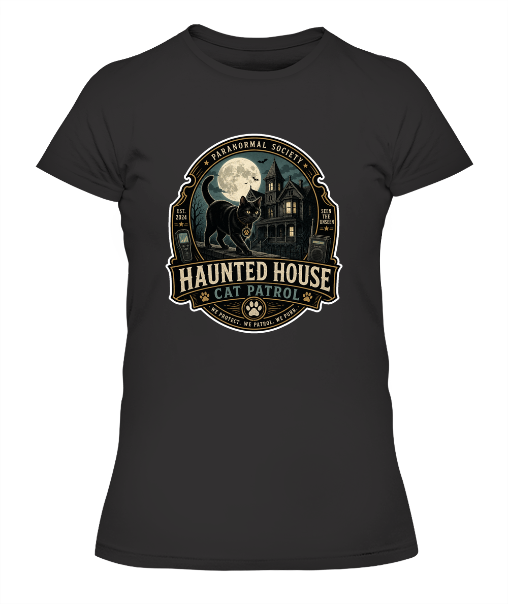 Haunted House Cat Patrol Ladies T-Shirt | Black Cat Lover Gift