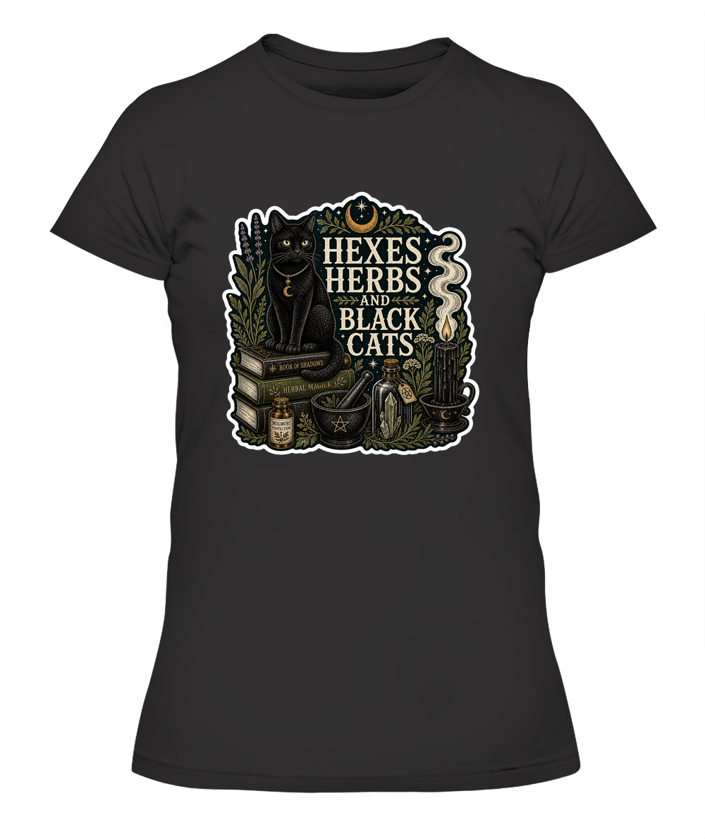 Hexes Herbs and Black Cats Ladies T-Shirt | Black Cat Lover Gift