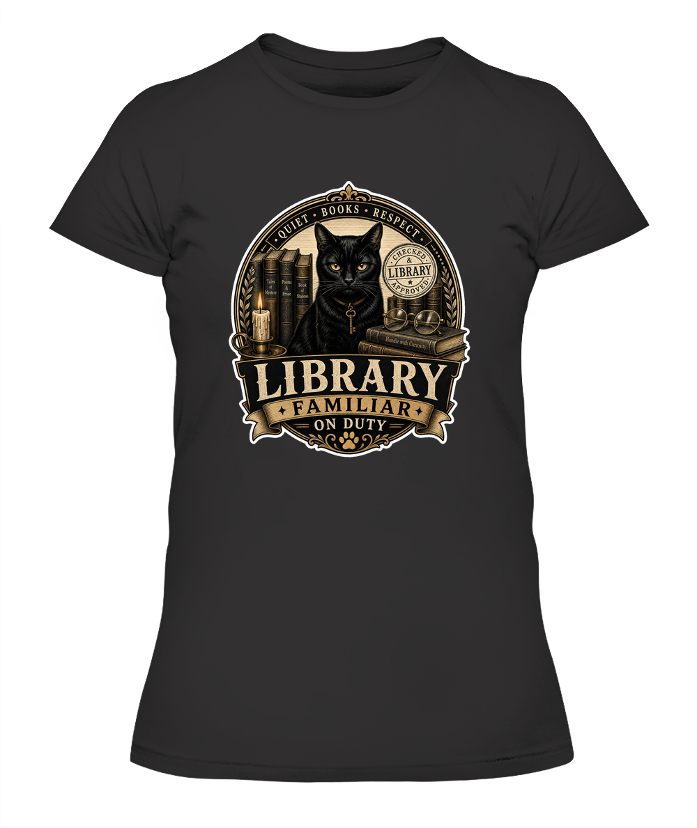 Library Familiar on Duty Ladies T-Shirt | Black Cat Lover Gift
