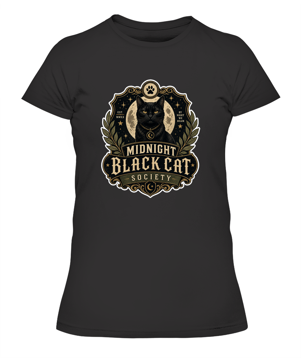 Midnight Black Cat Society Ladies T-Shirt | Black Cat Lover Gift