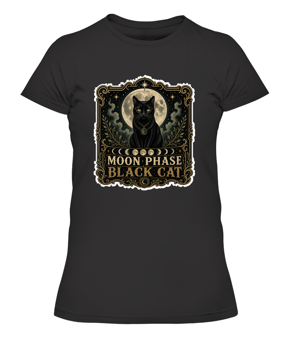 Moon Phase Black Cat Ladies T-Shirt | Black Cat Lover Gift