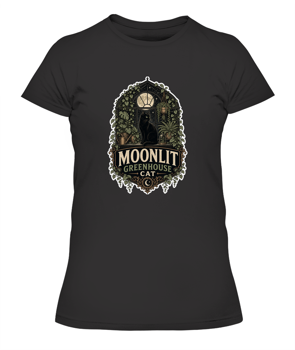 Moonlit Greenhouse Cat Ladies T-Shirt | Black Cat Lover Gift