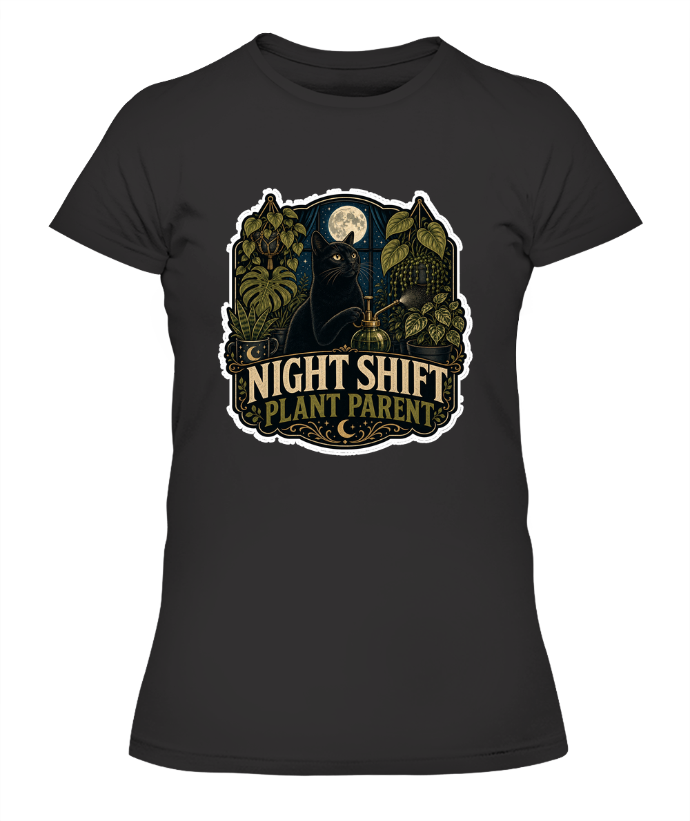 Night Shift Plant Parent Ladies T-Shirt | Black Cat Lover Gift