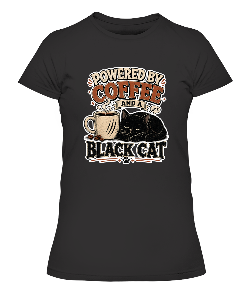 Powered by Coffee and a Black Cat Ladies T-Shirt | Black Cat Lover Gift