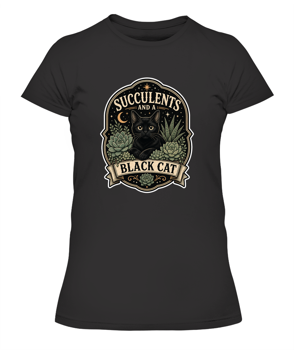 Succulents and a Black Cat Ladies T-Shirt | Black Cat Lover Gift