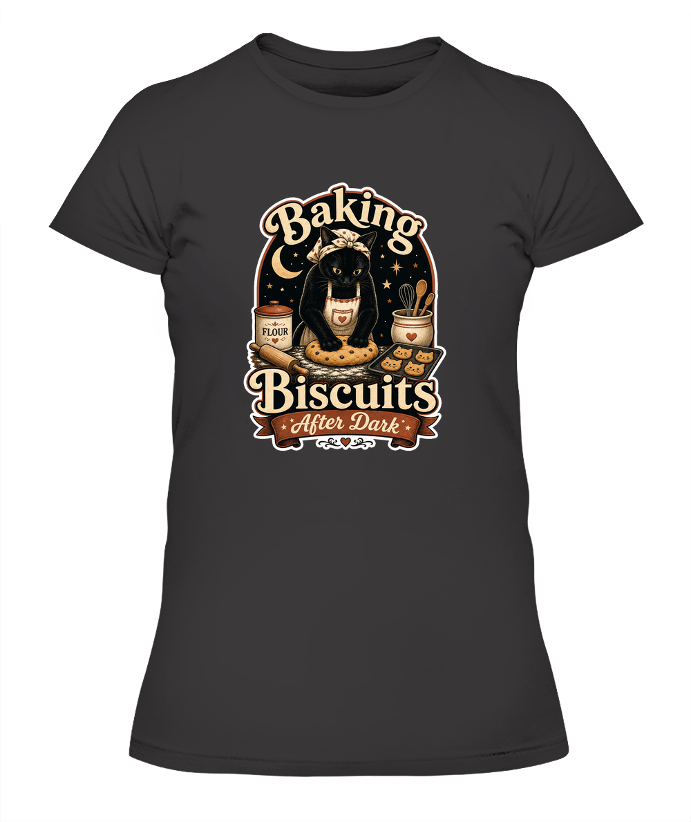 Baking Biscuits After Dark Ladies T-Shirt | Black Cat Lover Gift
