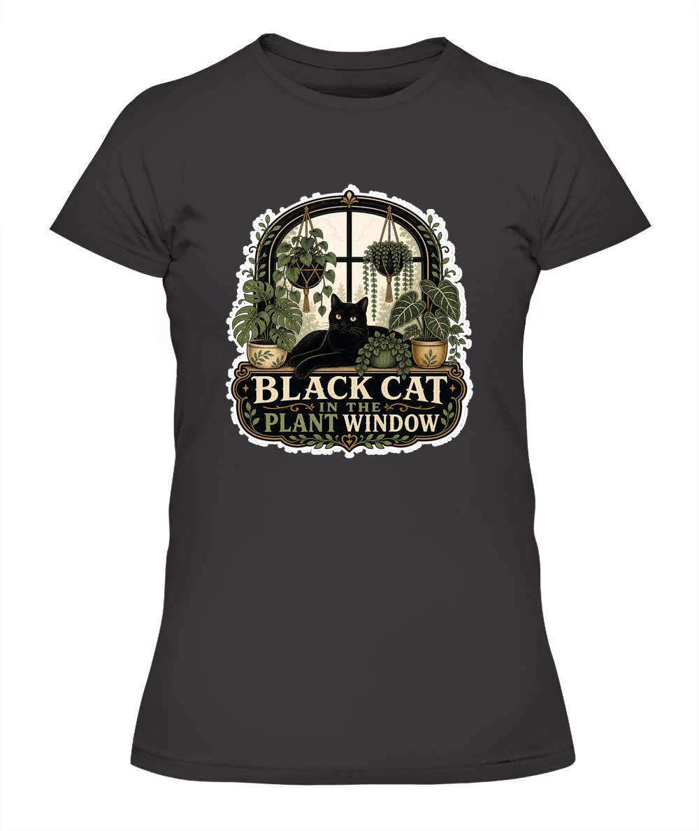 Black Cat in the Plant Window Ladies T-Shirt | Black Cat Lover Gift