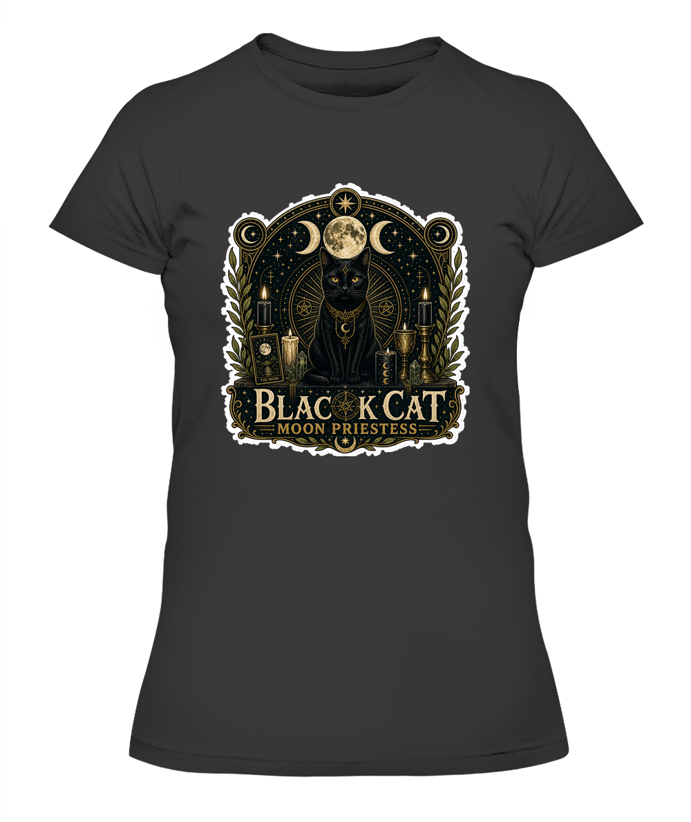 Black Cat Moon Priestess Ladies T-Shirt | Black Cat Lover Gift