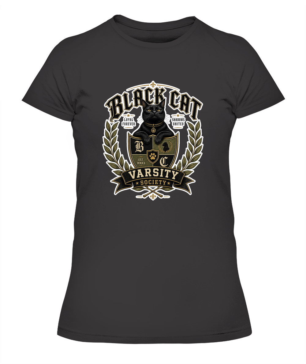Black Cat Varsity Society Ladies T-Shirt | Black Cat Lover Gift
