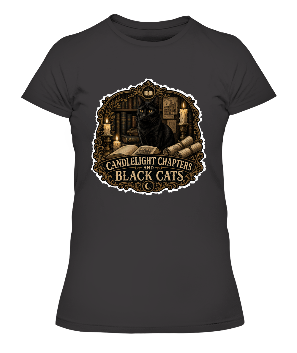 Candlelight Chapters and Black Cats Ladies T-Shirt | Black Cat Lover Gift