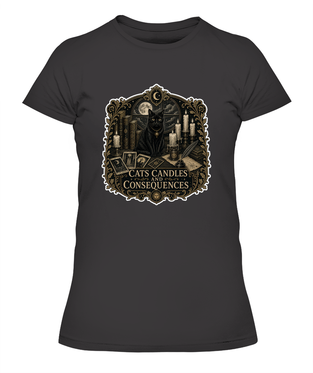 Cats Candles and Consequences Ladies T-Shirt | Black Cat Lover Gift
