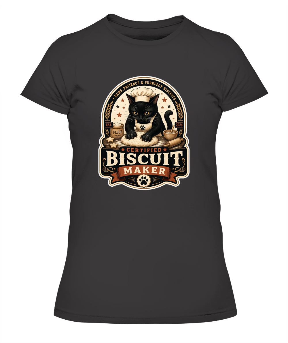Certified Biscuit Maker Ladies T-Shirt | Black Cat Lover Gift